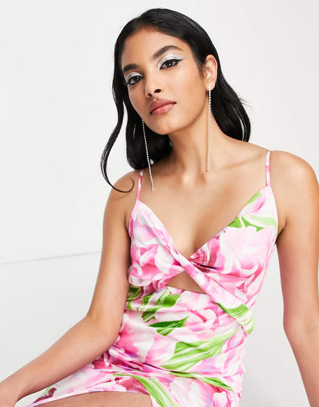 Liquorish Satin Twist Front Maxi Dress With Split In Green And Pink Floral Print