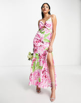 Liquorish Satin Twist Front Maxi Dress With Split In Green And Pink Floral Print