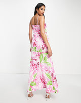 Liquorish Satin Twist Front Maxi Dress With Split In Green And Pink Floral Print