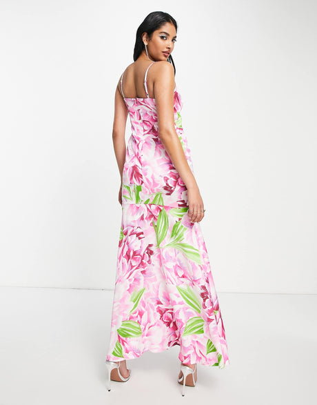 Liquorish Satin Twist Front Maxi Dress With Split In Green And Pink Floral Print