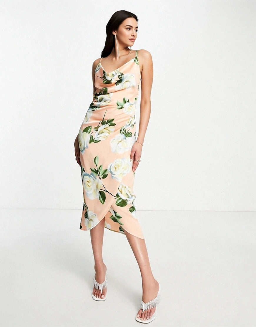 Liquorish Satin Wrap Midi Dress In Peach Rose Print