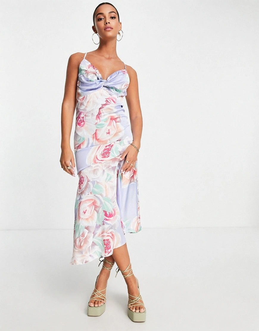 Liquorish Satin Twist Front Midaxi Dress In Blue Floral