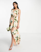 Liquorish Satin Wrap Maxi Dress With Belt In Peach Rose Print