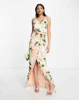 Liquorish Satin Wrap Maxi Dress With Belt In Peach Rose Print