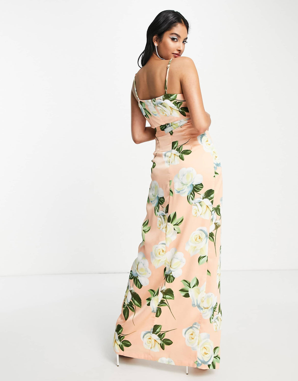 Liquorish Satin Wrap Maxi Dress With Belt In Peach Rose Print