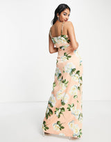 Liquorish Satin Wrap Maxi Dress With Belt In Peach Rose Print