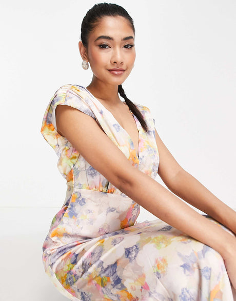 Liquorish Plunge Front Maxi Dress In Soft Ditsy Floral