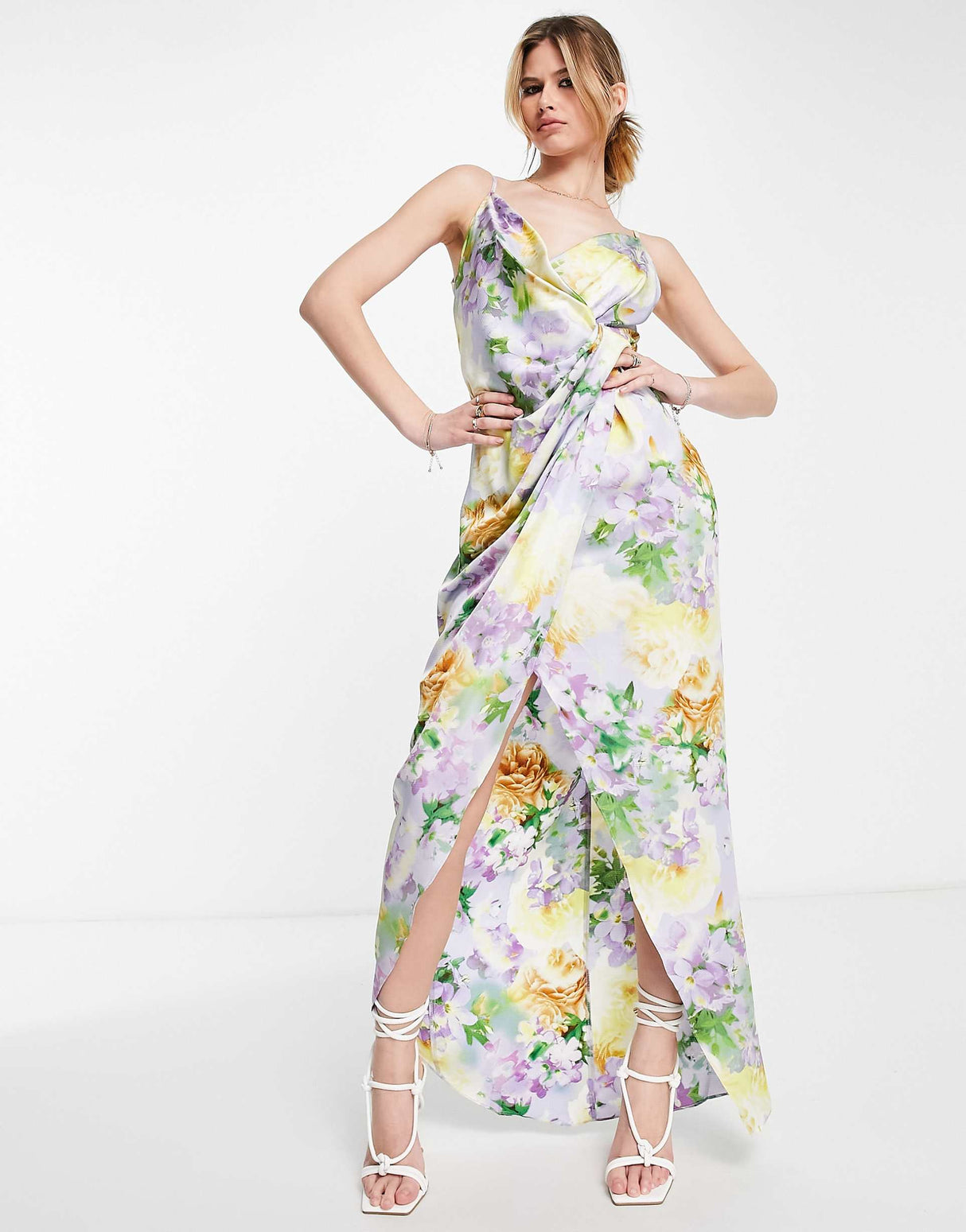 Liquorish Cami Strap Satin Wrap Maxi Dress In Soft Pastel Floral
