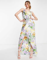 Liquorish Cami Strap Satin Wrap Maxi Dress In Soft Pastel Floral