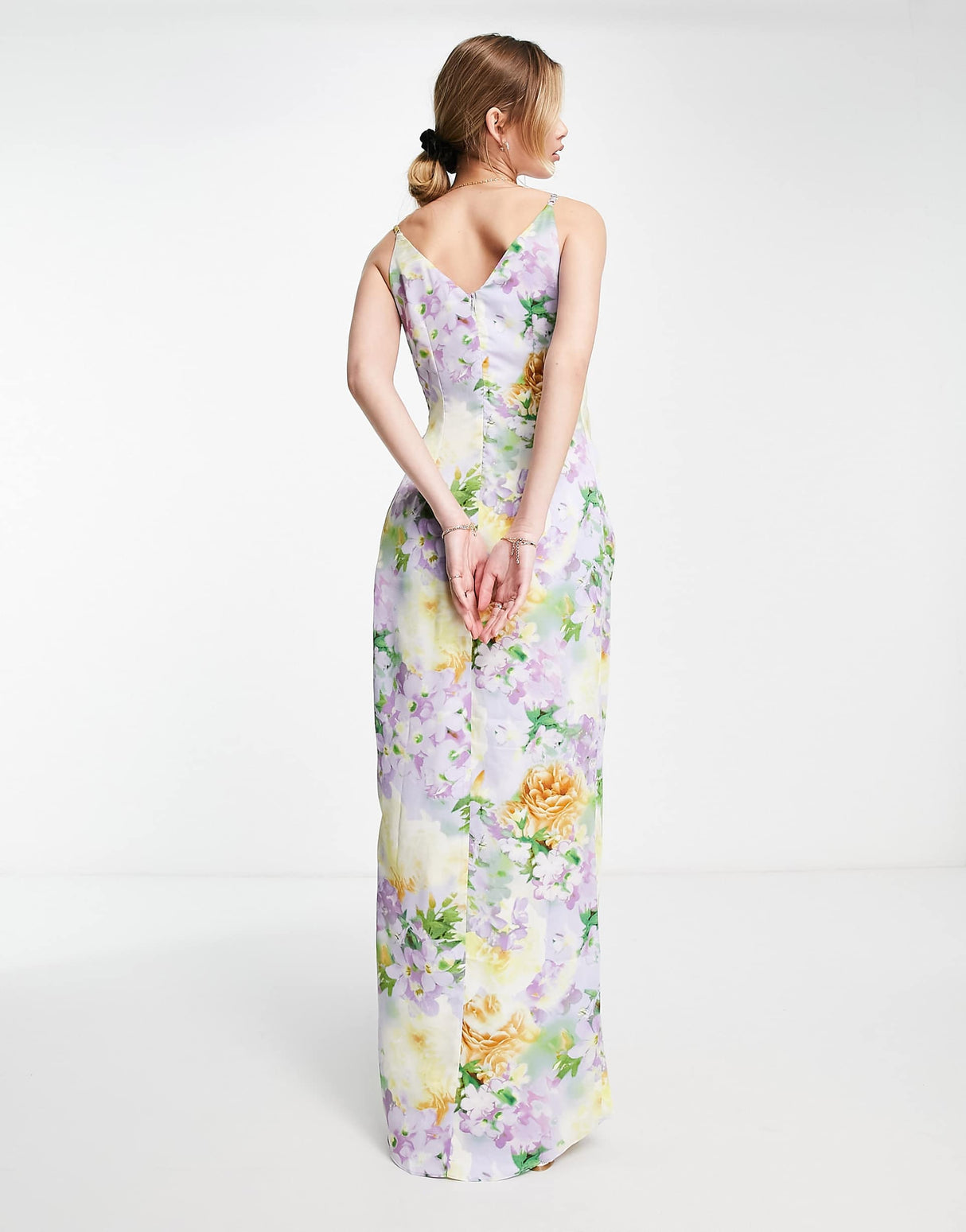 Liquorish Cami Strap Satin Wrap Maxi Dress In Soft Pastel Floral