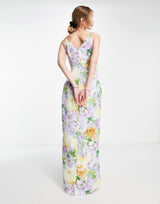 Liquorish Cami Strap Satin Wrap Maxi Dress In Soft Pastel Floral
