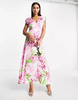 Liquorish Plunge Front Maxi Dress In Green And Pink Floral