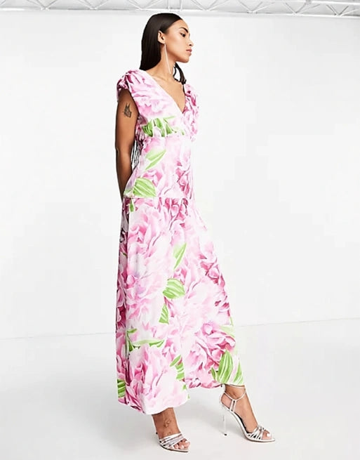 Liquorish Plunge Front Maxi Dress In Green And Pink Floral