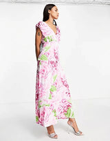 Liquorish Plunge Front Maxi Dress In Green And Pink Floral