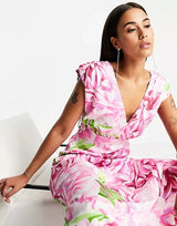 Liquorish Plunge Front Maxi Dress In Green And Pink Floral