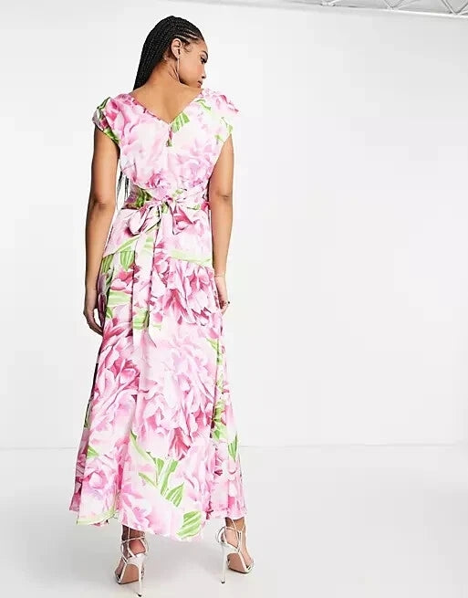Liquorish Plunge Front Maxi Dress In Green And Pink Floral