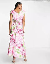 Liquorish Plunge Front Maxi Dress In Green And Pink Floral