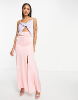 Liquorish Satin Twist Front Maxi Dress With Split Colour Block Blue And Pink