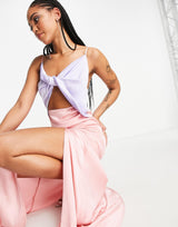 Liquorish Satin Twist Front Maxi Dress With Split Colour Block Blue And Pink