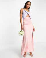 Liquorish Satin Twist Front Maxi Dress With Split Colour Block Blue And Pink