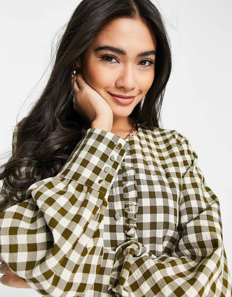 Selected Femme Check Smock Dress In Green