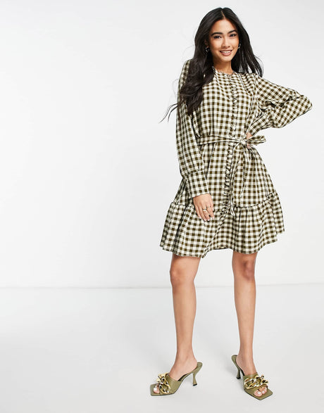Selected Femme Check Smock Dress In Green