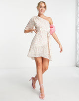 Forever New Asymmetric Pleat Mini Dress In Blush Ditsy Floral