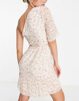 Forever New Asymmetric Pleat Mini Dress In Blush Ditsy Floral