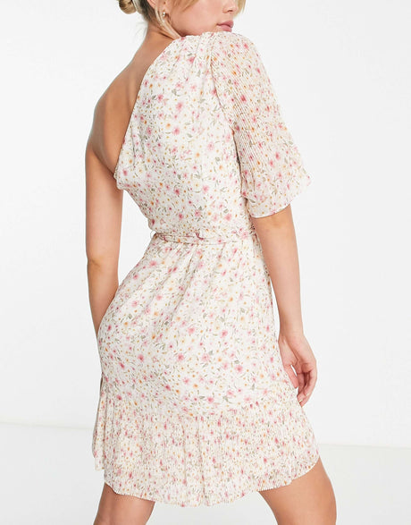 Forever New Asymmetric Pleat Mini Dress In Blush Ditsy Floral