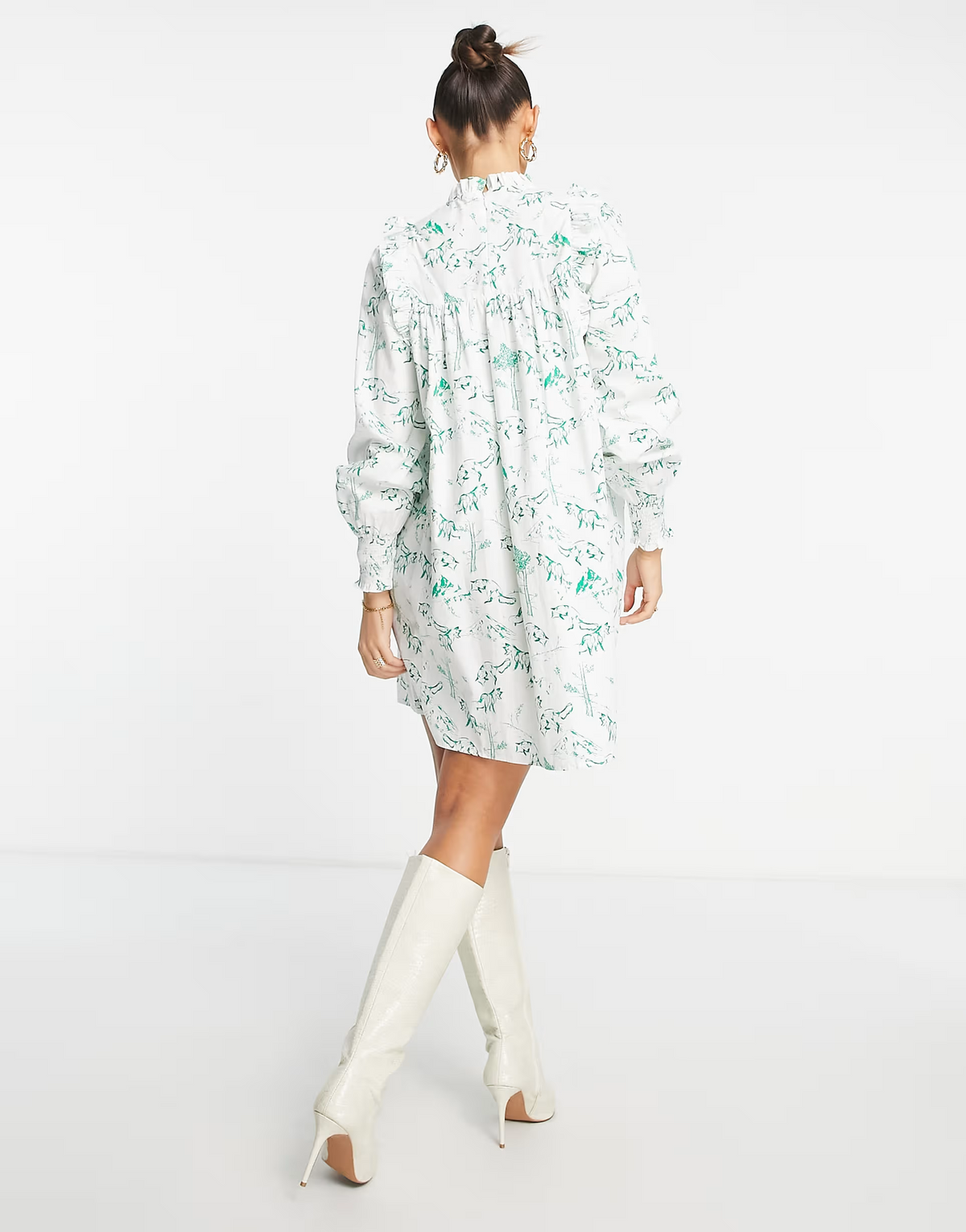 Envii  Long Sleeve Mini Smock Dress With Frill Detail In Fox Print