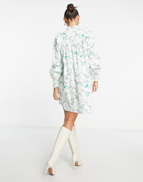 Envii  Long Sleeve Mini Smock Dress With Frill Detail In Fox Print