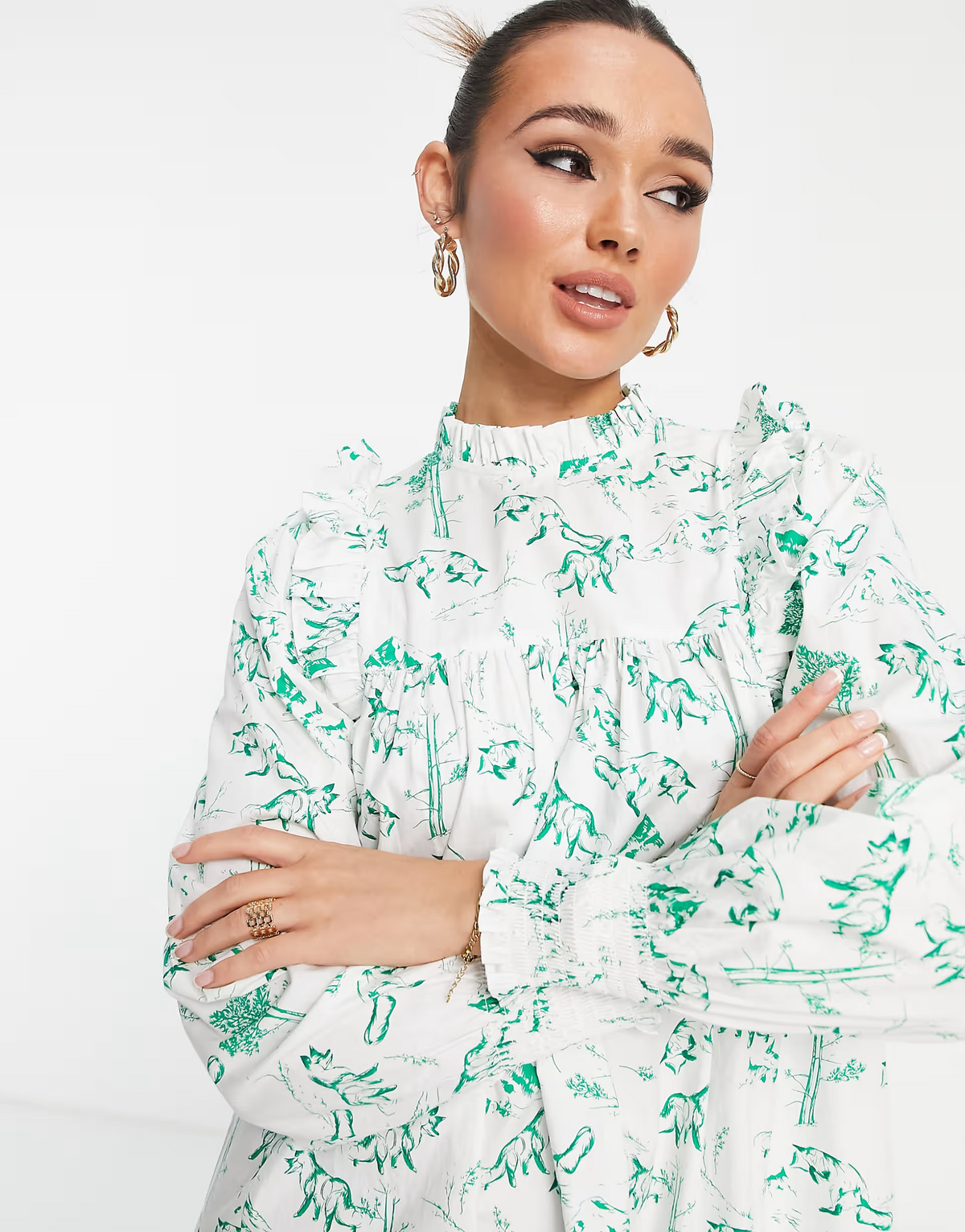 Envii  Long Sleeve Mini Smock Dress With Frill Detail In Fox Print