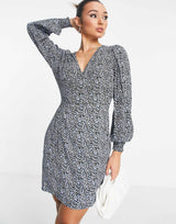 Envii Long Sleeve Mini Tea Dress With Tie Waist In Violet Floral