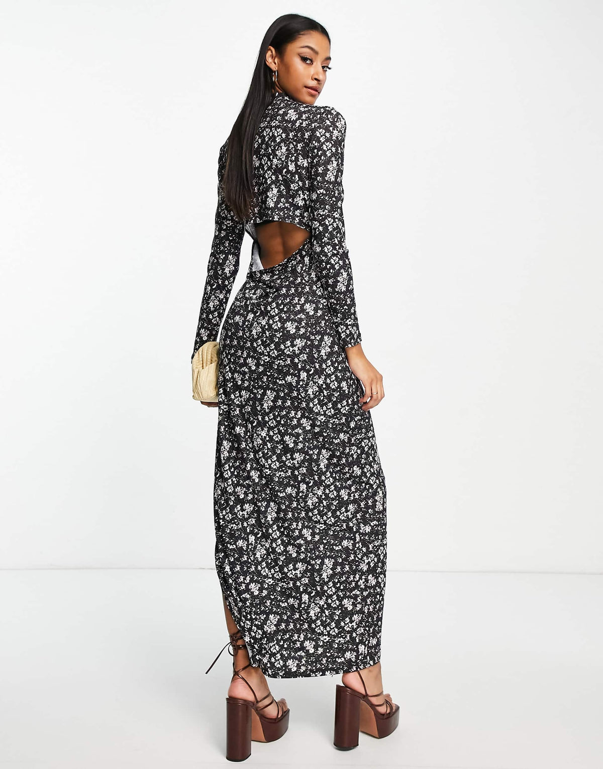 Ghospell Long Sleeve Maxi Dress In Dark Floral
