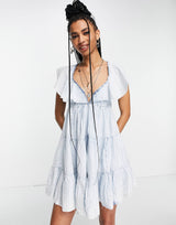 Free People Undone Tiered Mini Dress In Sea Spray Blue