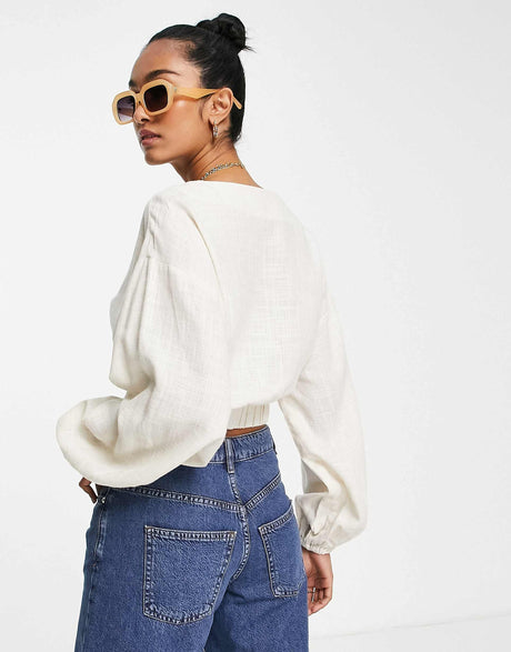 Asos Design Linen Top With Lace Up Front & Volume Sleeve In Oatmeal