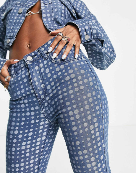The Kript High Waisted Skinny Flare Jeans In Warped Spot Denim Co-Ord