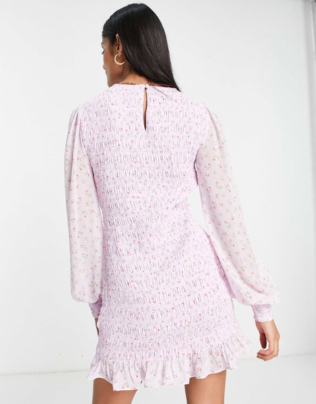 Forever New Shirred Balloon Sleeve Mini Dress In Lilac Ditsy Floral
