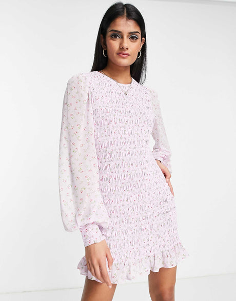 Forever New Shirred Balloon Sleeve Mini Dress In Lilac Ditsy Floral