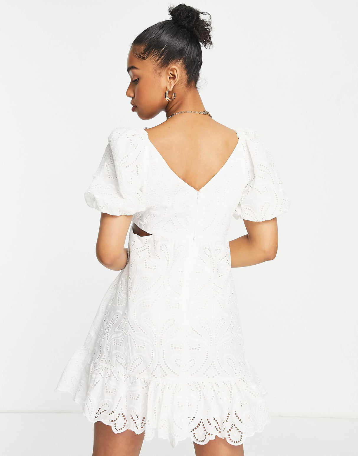 Forever New Puff Sleeve Cut-Out Mini Dress In Ivory Broderie