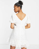 Forever New Puff Sleeve Cut-Out Mini Dress In Ivory Broderie