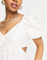 Forever New Puff Sleeve Cut-Out Mini Dress In Ivory Broderie