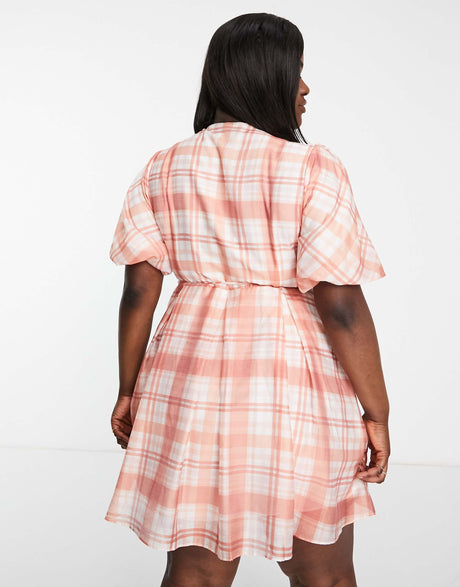Forever New Curve Puff Sleeve Mini Dress In Oversized Red Check