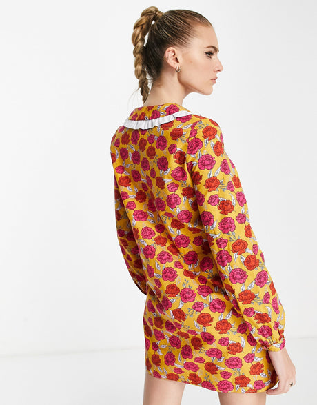 Never Fully Dressed Oversized Collar Mini Dress In Yellow Floral