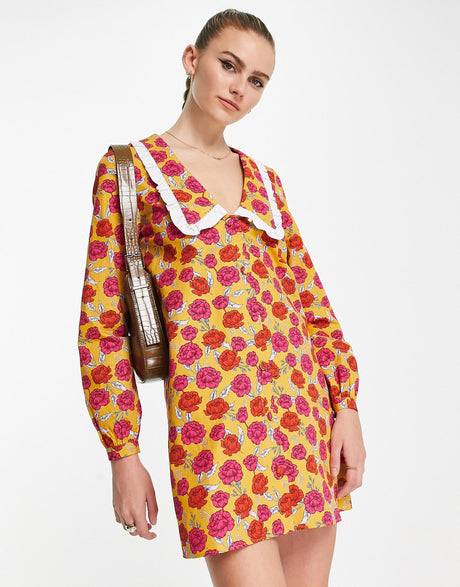 Never Fully Dressed Oversized Collar Mini Dress In Yellow Floral