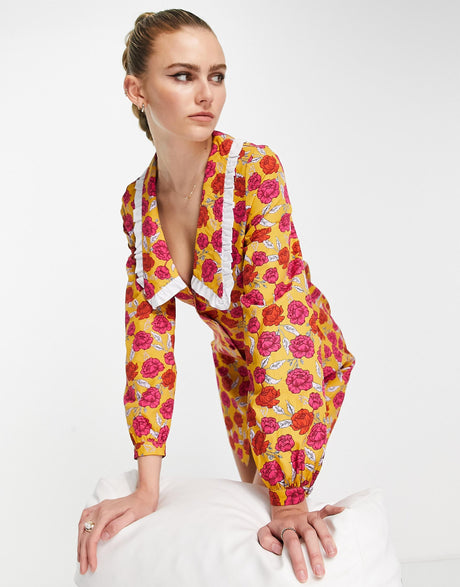 Never Fully Dressed Oversized Collar Mini Dress In Yellow Floral
