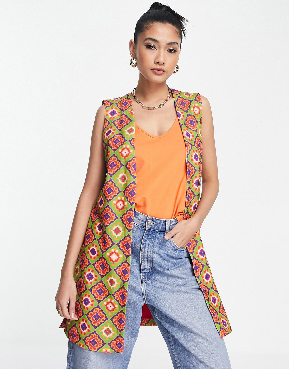 Never Fully Dressed Longline Sleeveless Blazer Co-Ord In Pink Geometric Print