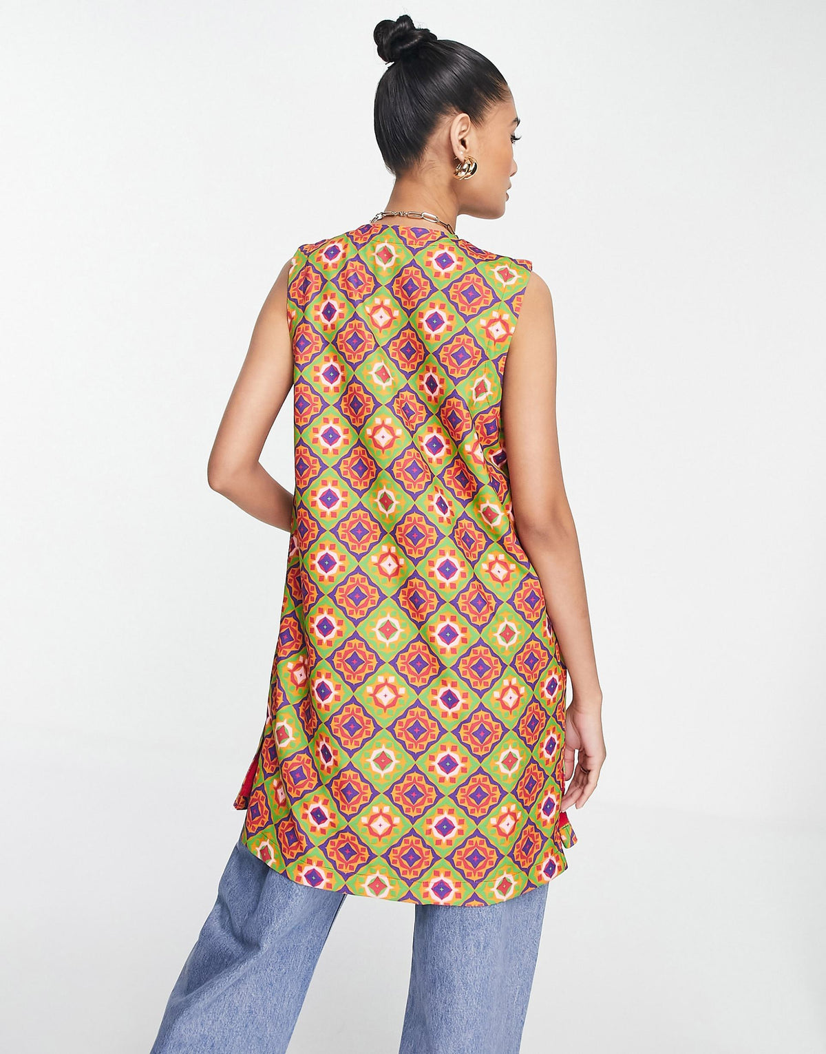 Never Fully Dressed Longline Sleeveless Blazer Co-Ord In Pink Geometric Print