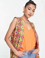 Never Fully Dressed Longline Sleeveless Blazer Co-Ord In Pink Geometric Print