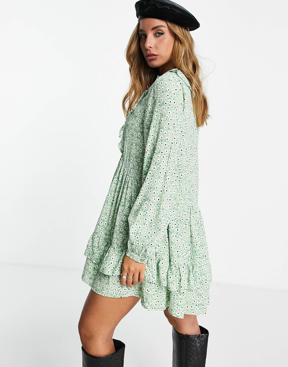 Edited Mini Tiered Tea Dress In Green Daisy Print